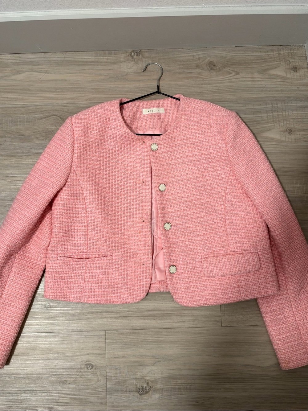 Cropped Pink Tweed Blazer with Button Front